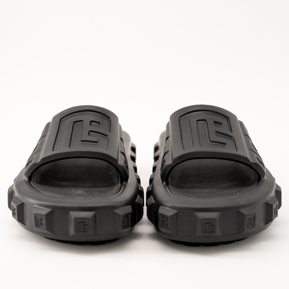 size 40-41 Balmain Black Ari Rubber Slip On Slides Sandal Embossed Logo - Picture 2 of 11